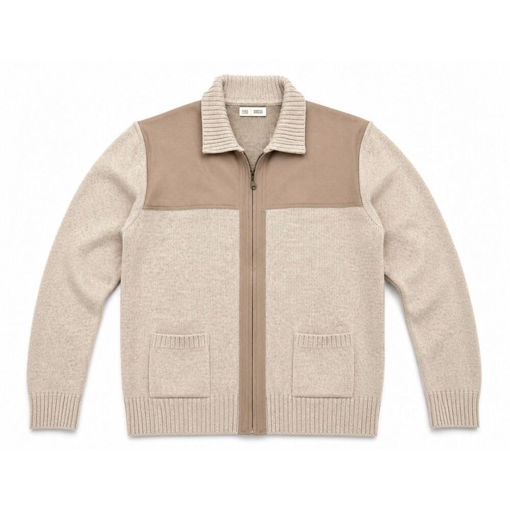“Marks & Spencer Men’s Zip Cardigan Sweater Jacket Beige Knit Pockets Casual SZ